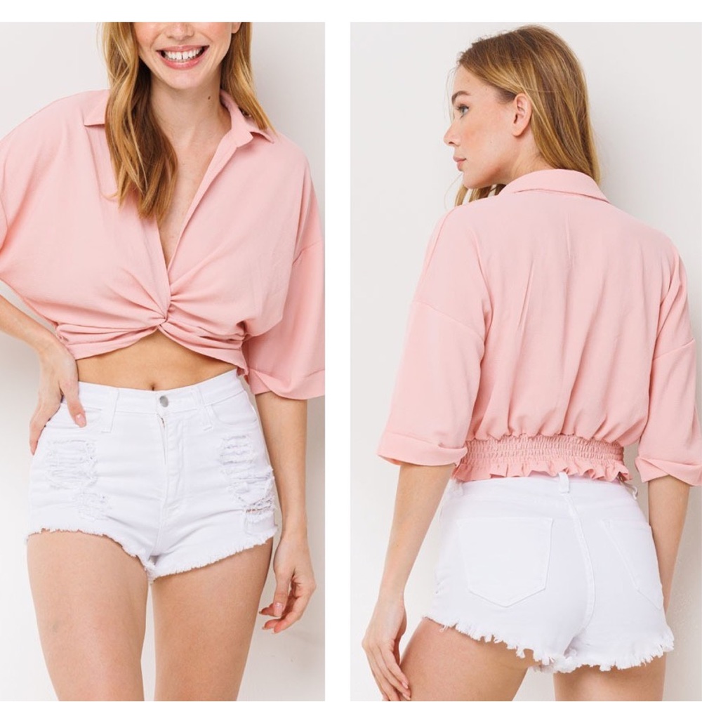 Pink Quarter Sleeve Twist Front Crop Top NWT Size Large